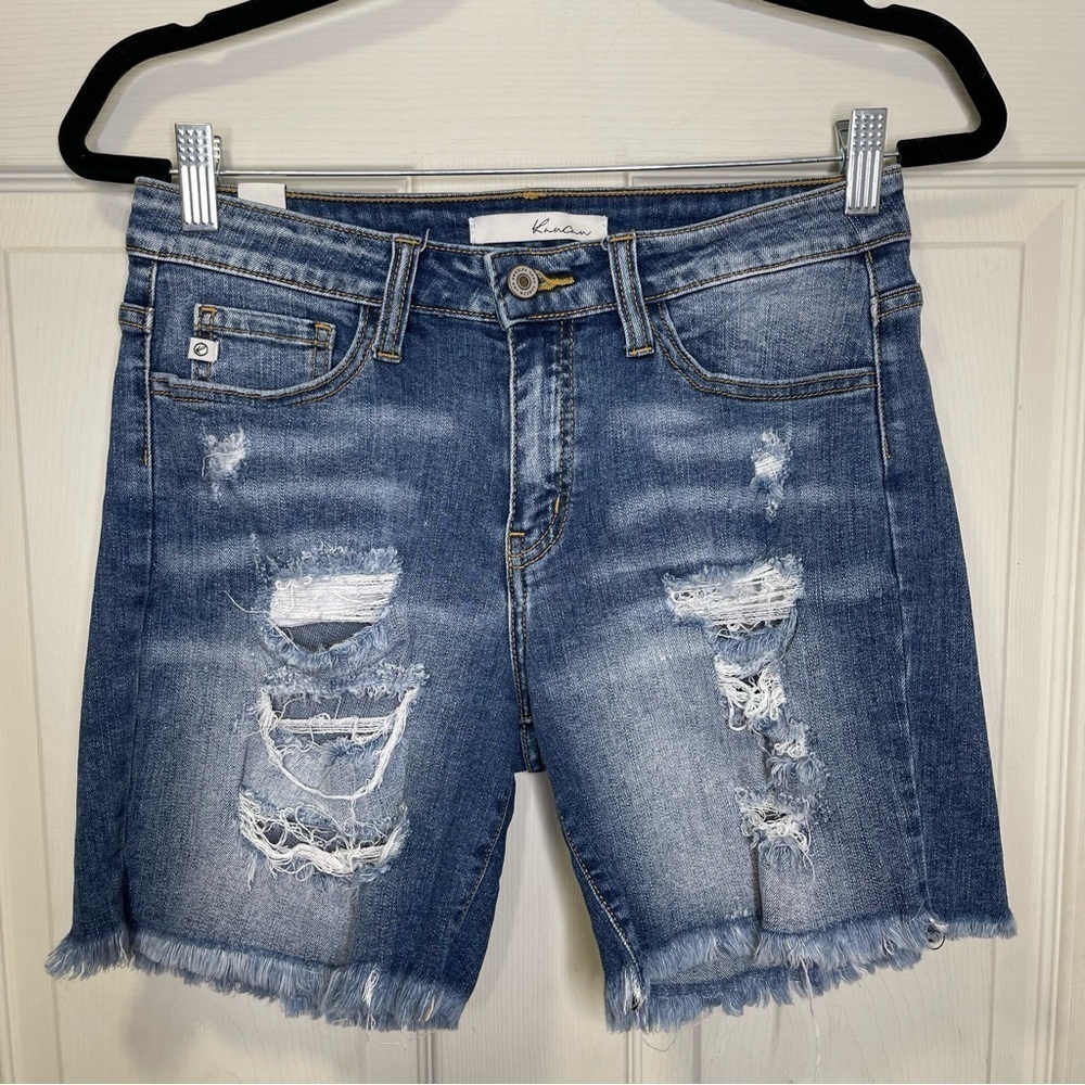 Kancan Women's kc8108 Distressed Blue Jean Bermuda Shorts long size 7/27